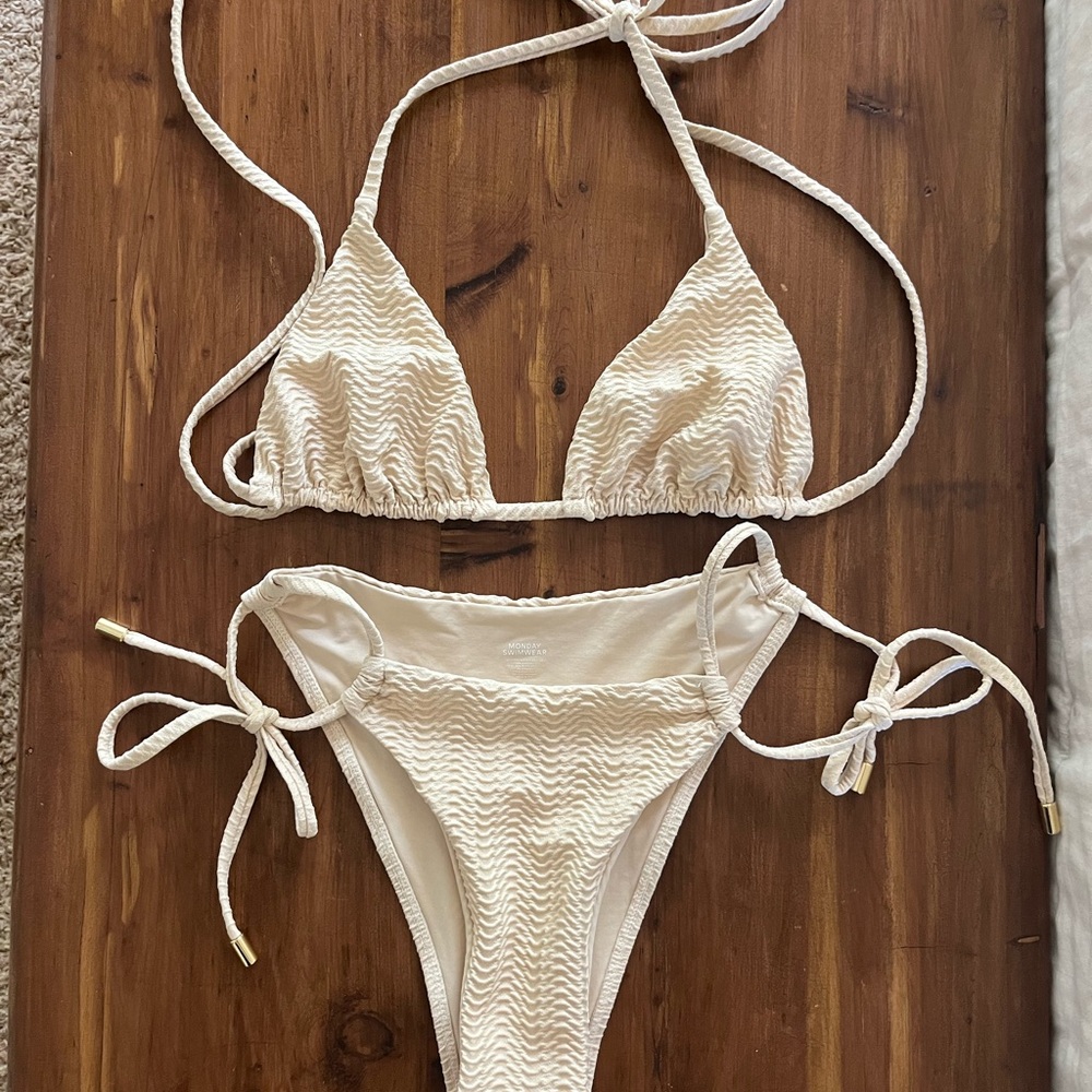 Monday Swimwear Cream Textured Tie-Side Bikini